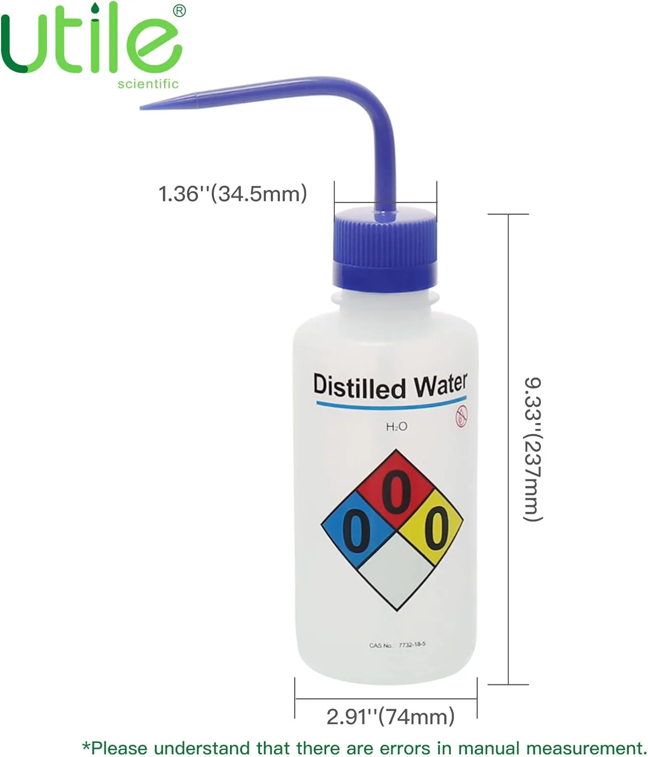 Utile Distilled Water Self-Venting Safety Wash Bottles, 4pcs of Vol.500ml, Narrow Mouth Squeeze Bottles, LDPE Material with PP Material Closure, 5511.0571.4