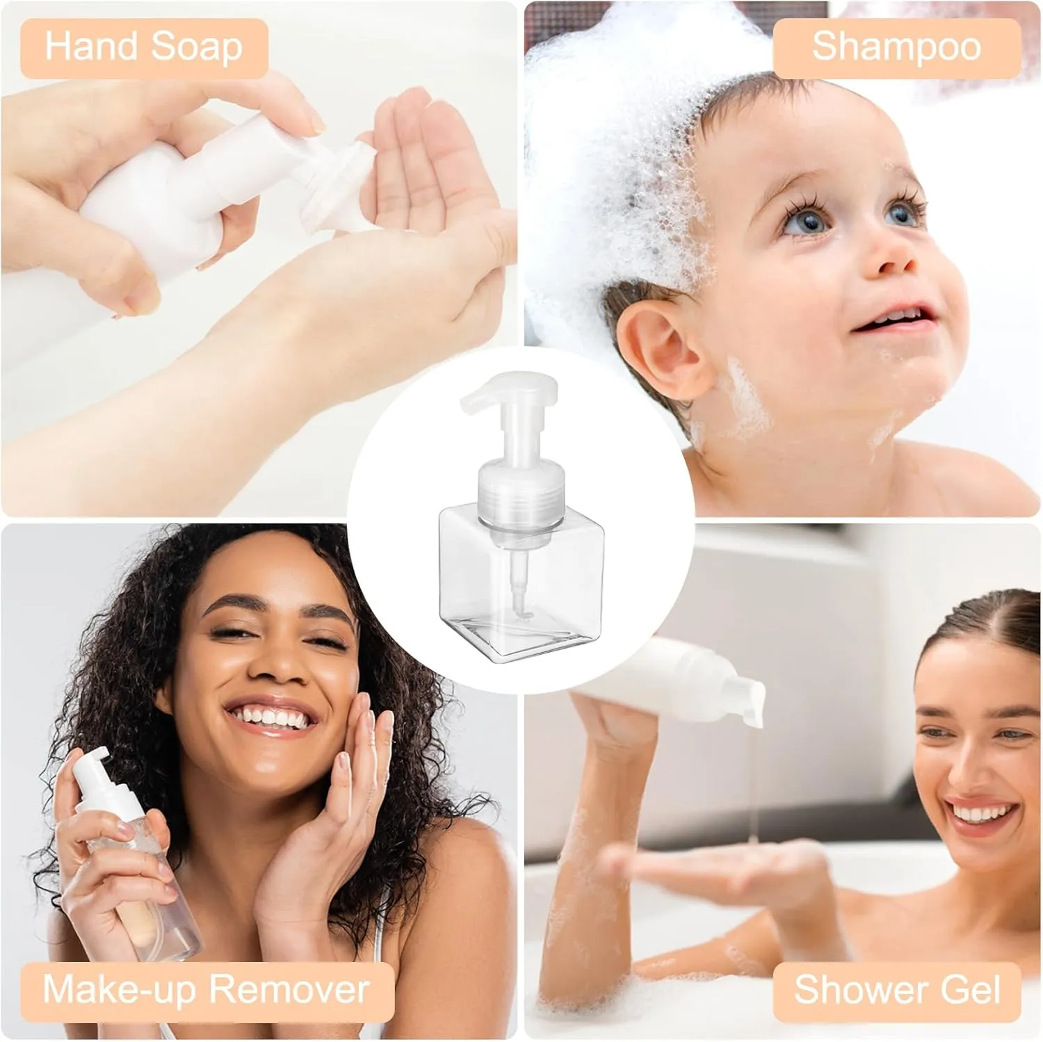 uxcell 2PCS Square Empty Foam Pump Bottle, 250ml Travel Foam Soap Dispenser Empty Refillable Plastic Pump Bottle for Lash Shampoo, Hand Soap, Facial Lotion(6", Clear)