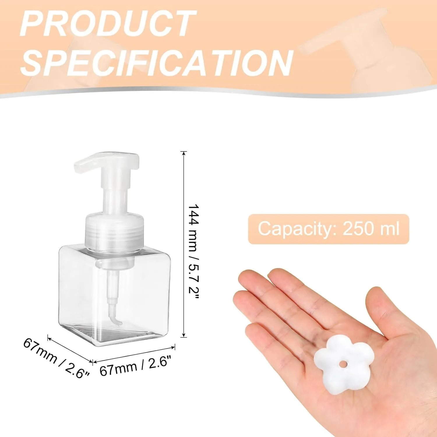 uxcell 2PCS Square Empty Foam Pump Bottle, 250ml Travel Foam Soap Dispenser Empty Refillable Plastic Pump Bottle for Lash Shampoo, Hand Soap, Facial Lotion(6", Clear)