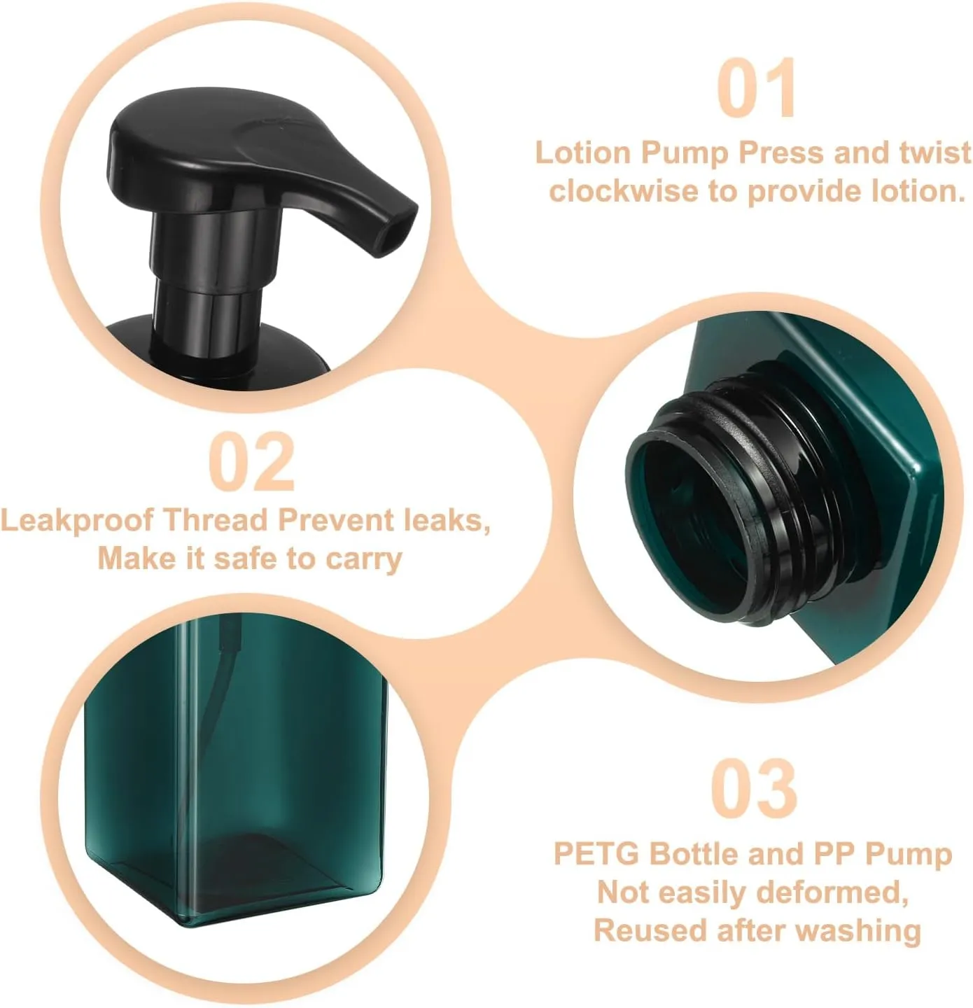 uxcell 3PCS Square Empty Foam Pump Bottle, 450ml Travel Foam Soap Dispenser Empty Refillable Plastic Pump Bottle for Lash Shampoo, Hand Soap, Facial Lotion(5.7", Clear Dark Green)