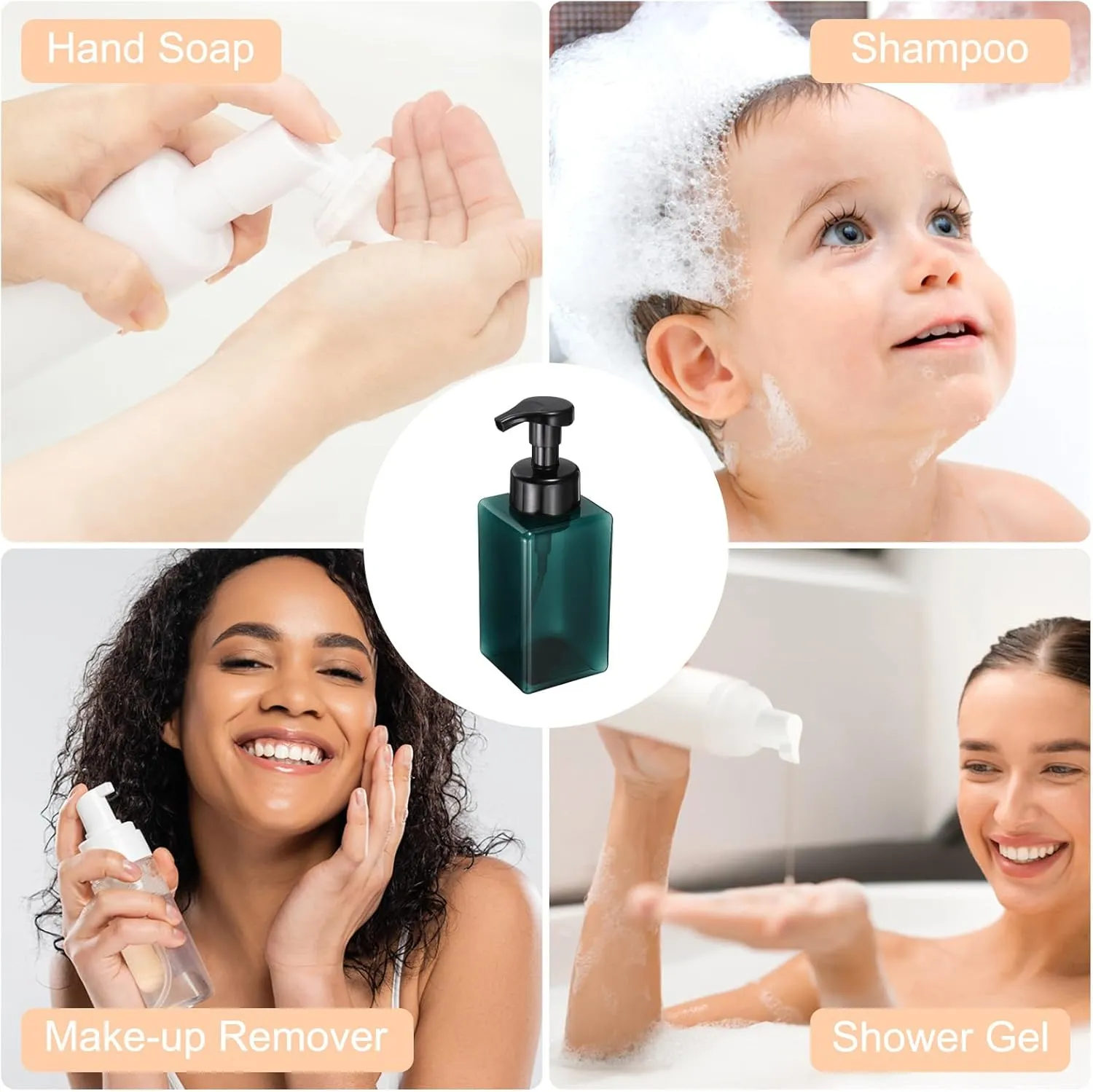 uxcell 3PCS Square Empty Foam Pump Bottle, 450ml Travel Foam Soap Dispenser Empty Refillable Plastic Pump Bottle for Lash Shampoo, Hand Soap, Facial Lotion(5.7", Clear Dark Green)