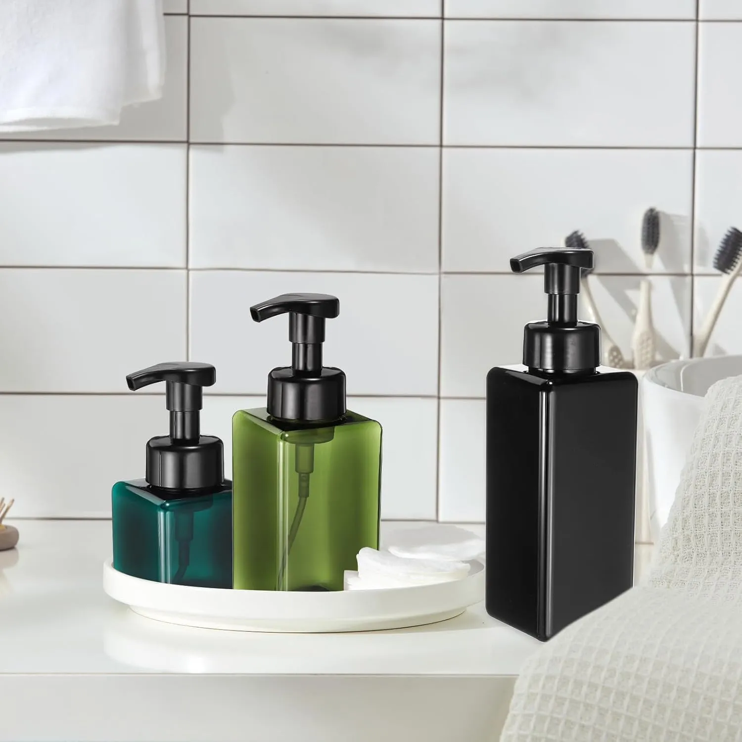 uxcell 3PCS Square Empty Foam Pump Bottle, 450ml Travel Foam Soap Dispenser Empty Refillable Plastic Pump Bottle for Lash Shampoo, Hand Soap, Facial Lotion(5.7", Clear Dark Green)