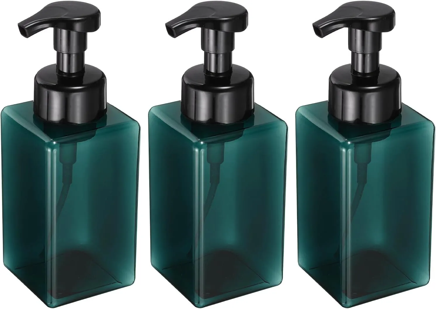 uxcell 3PCS Square Empty Foam Pump Bottle, 450ml Travel Foam Soap Dispenser Empty Refillable Plastic Pump Bottle for Lash Shampoo, Hand Soap, Facial Lotion(5.7", Clear Dark Green)