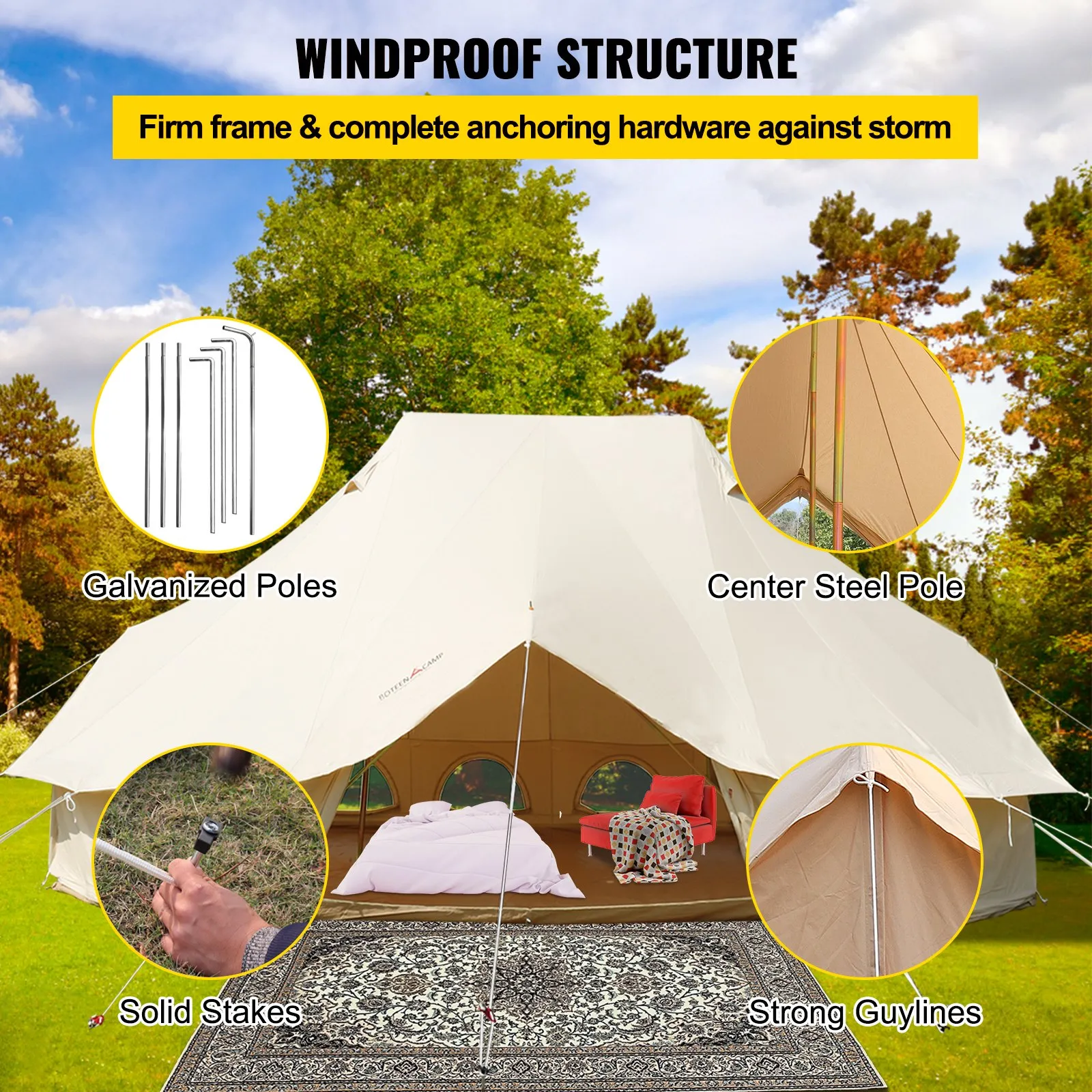 VEVOR 6m Bell Tent 19.7x13.1x9.8 ft Yurt Beige Canvas Tent | Cotton Glamping Tents 8-12 Person | 4 Season Teepee Tent Portable for Adults | Luxury Safari Tent for Family Outdoor Camping Lightweight
