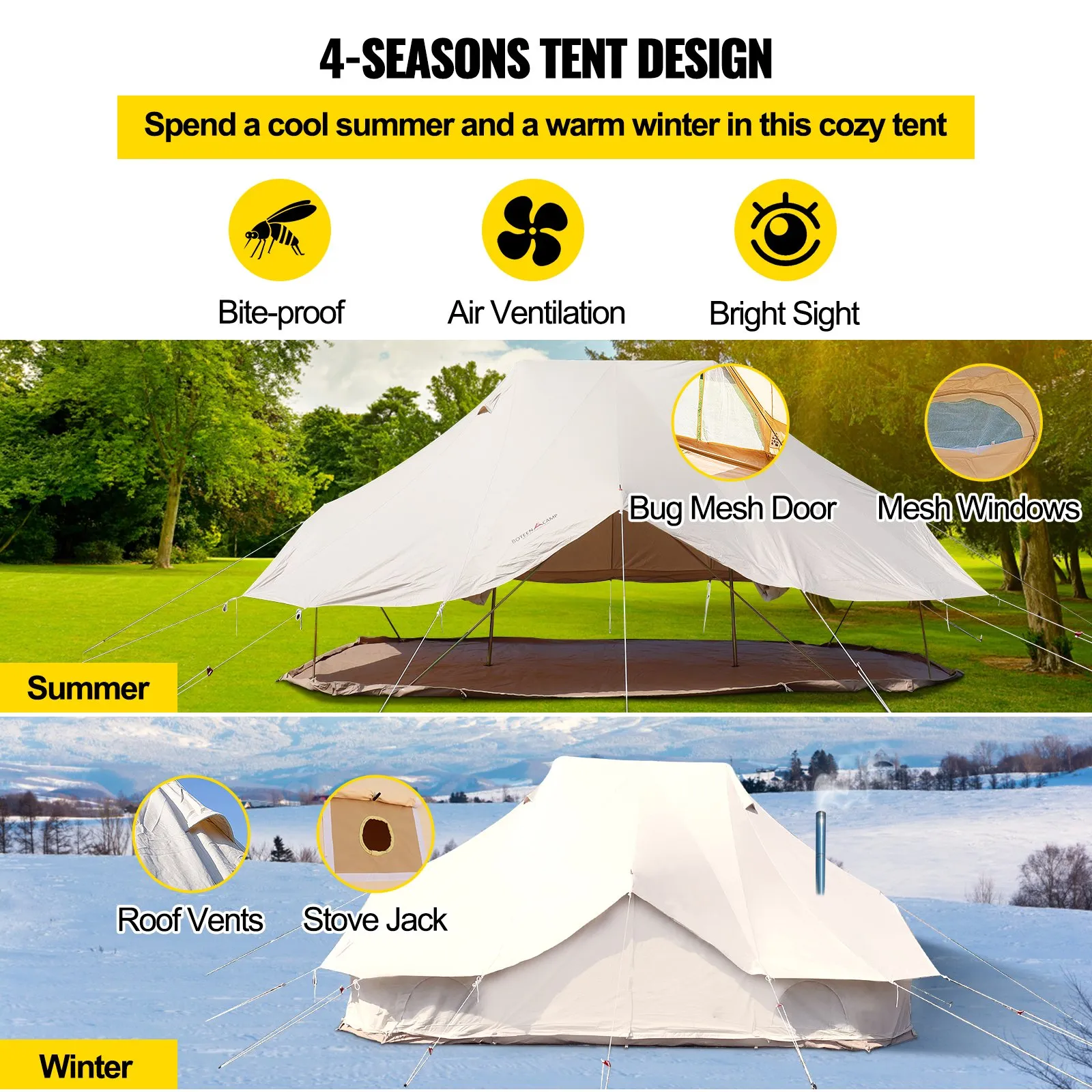 VEVOR 6m Bell Tent 19.7x13.1x9.8 ft Yurt Beige Canvas Tent | Cotton Glamping Tents 8-12 Person | 4 Season Teepee Tent Portable for Adults | Luxury Safari Tent for Family Outdoor Camping Lightweight