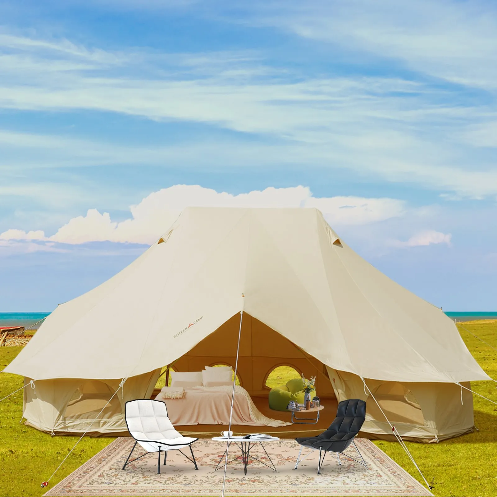 VEVOR 6m Bell Tent 19.7x13.1x9.8 ft Yurt Beige Canvas Tent | Cotton Glamping Tents 8-12 Person | 4 Season Teepee Tent Portable for Adults | Luxury Safari Tent for Family Outdoor Camping Lightweight