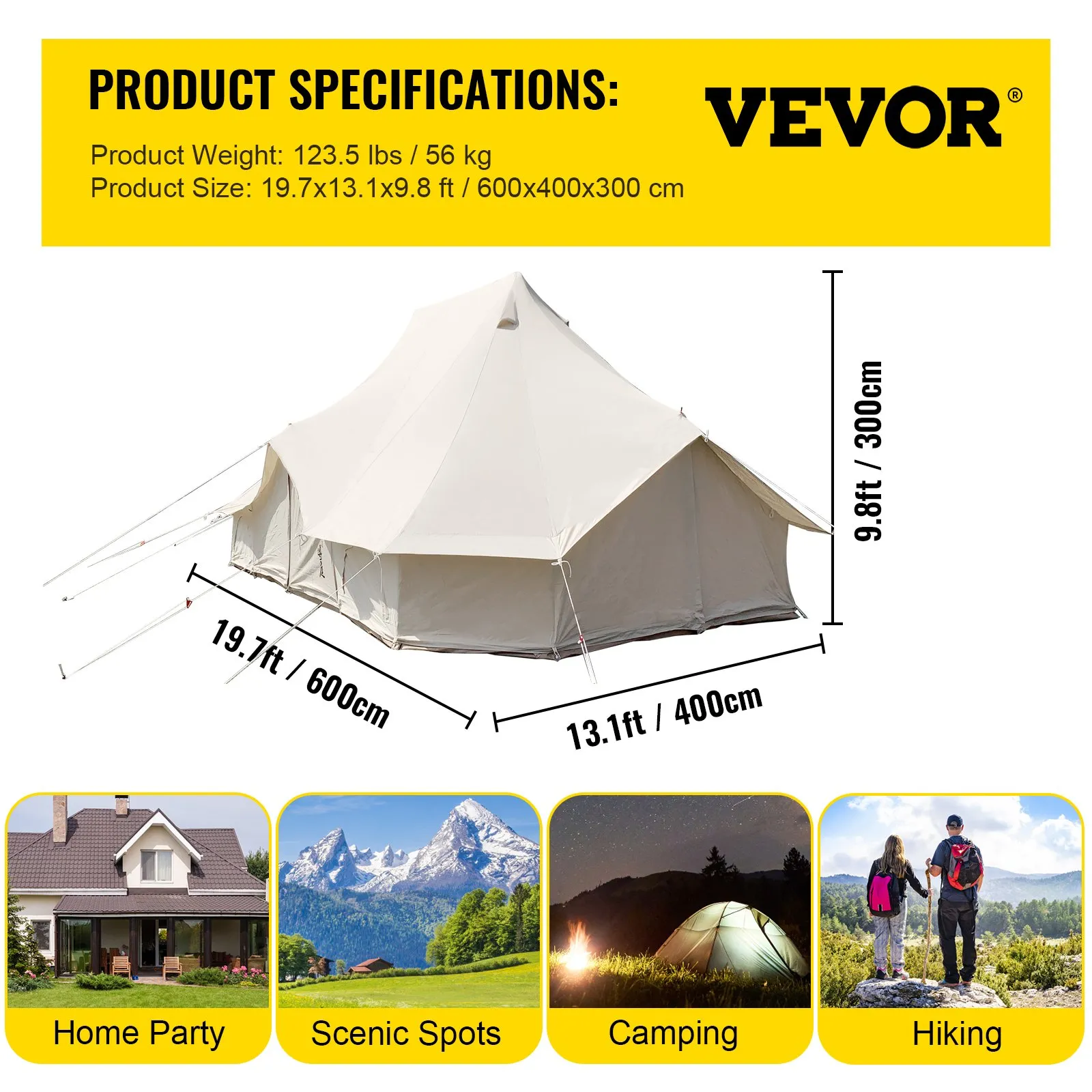 VEVOR 6m Bell Tent 19.7x13.1x9.8 ft Yurt Beige Canvas Tent | Cotton Glamping Tents 8-12 Person | 4 Season Teepee Tent Portable for Adults | Luxury Safari Tent for Family Outdoor Camping Lightweight