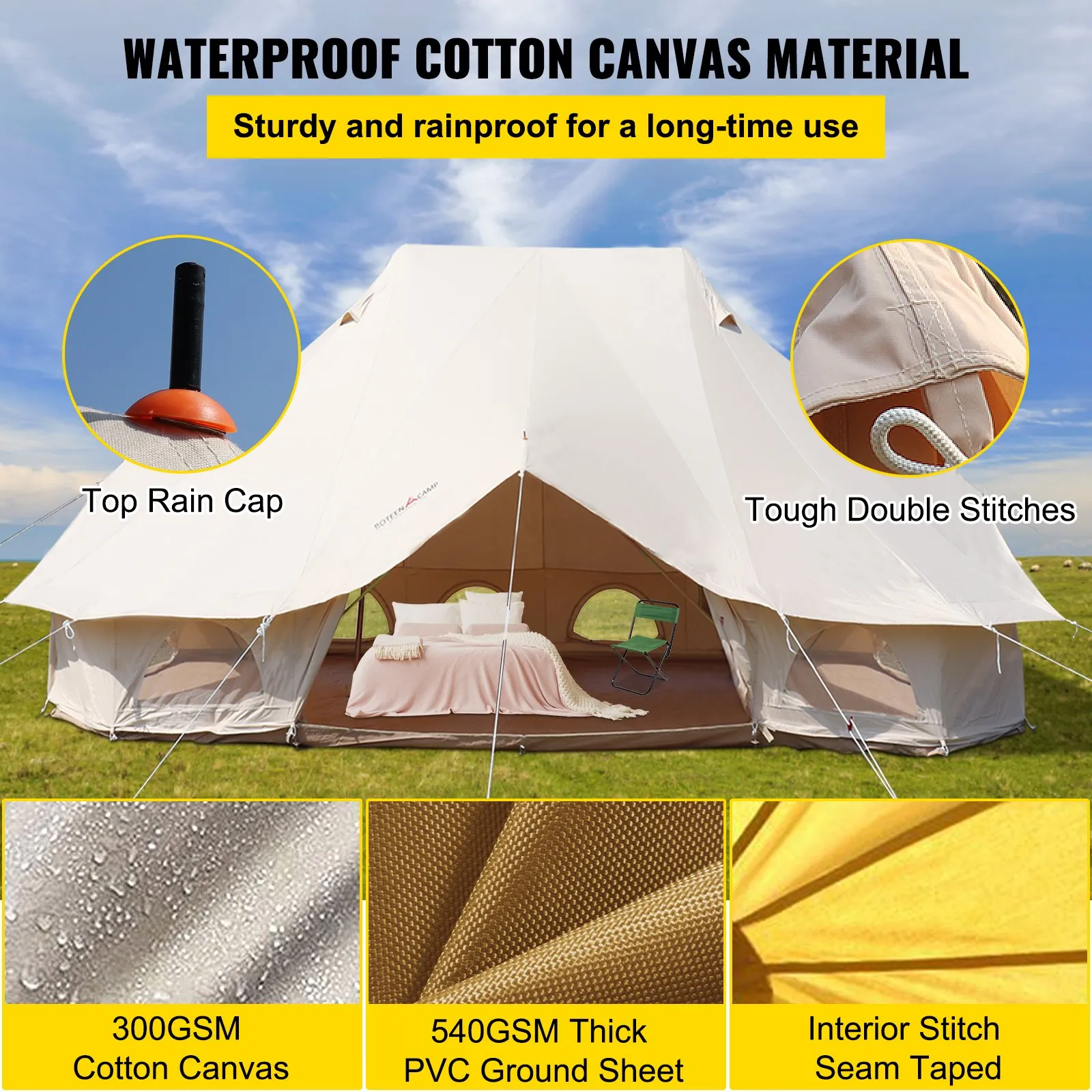 VEVOR 6m Bell Tent 19.7x13.1x9.8 ft Yurt Beige Canvas Tent | Cotton Glamping Tents 8-12 Person | 4 Season Teepee Tent Portable for Adults | Luxury Safari Tent for Family Outdoor Camping Lightweight