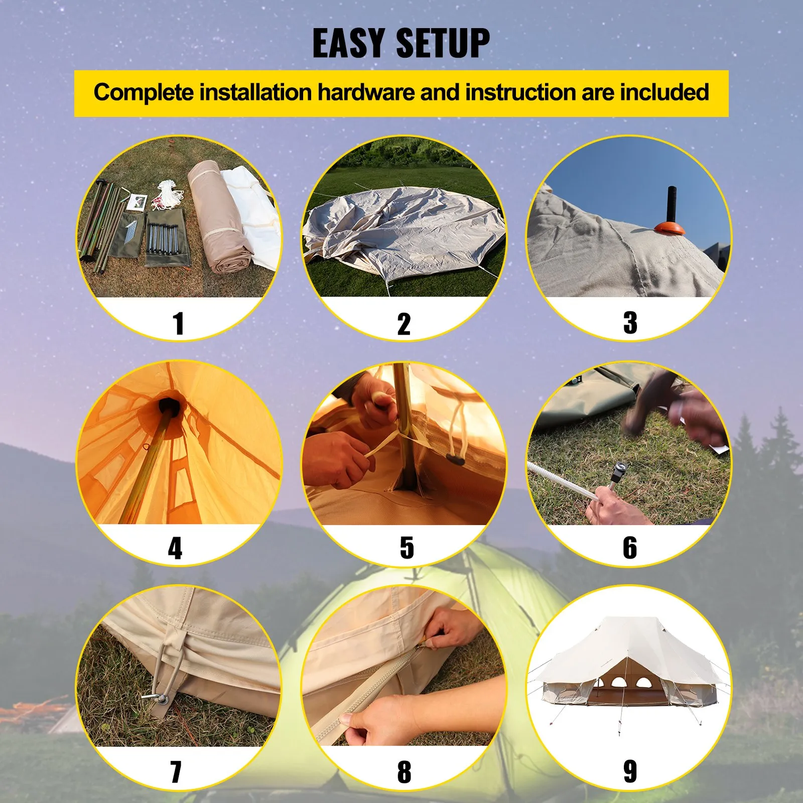 VEVOR 6m Bell Tent 19.7x13.1x9.8 ft Yurt Beige Canvas Tent | Cotton Glamping Tents 8-12 Person | 4 Season Teepee Tent Portable for Adults | Luxury Safari Tent for Family Outdoor Camping Lightweight