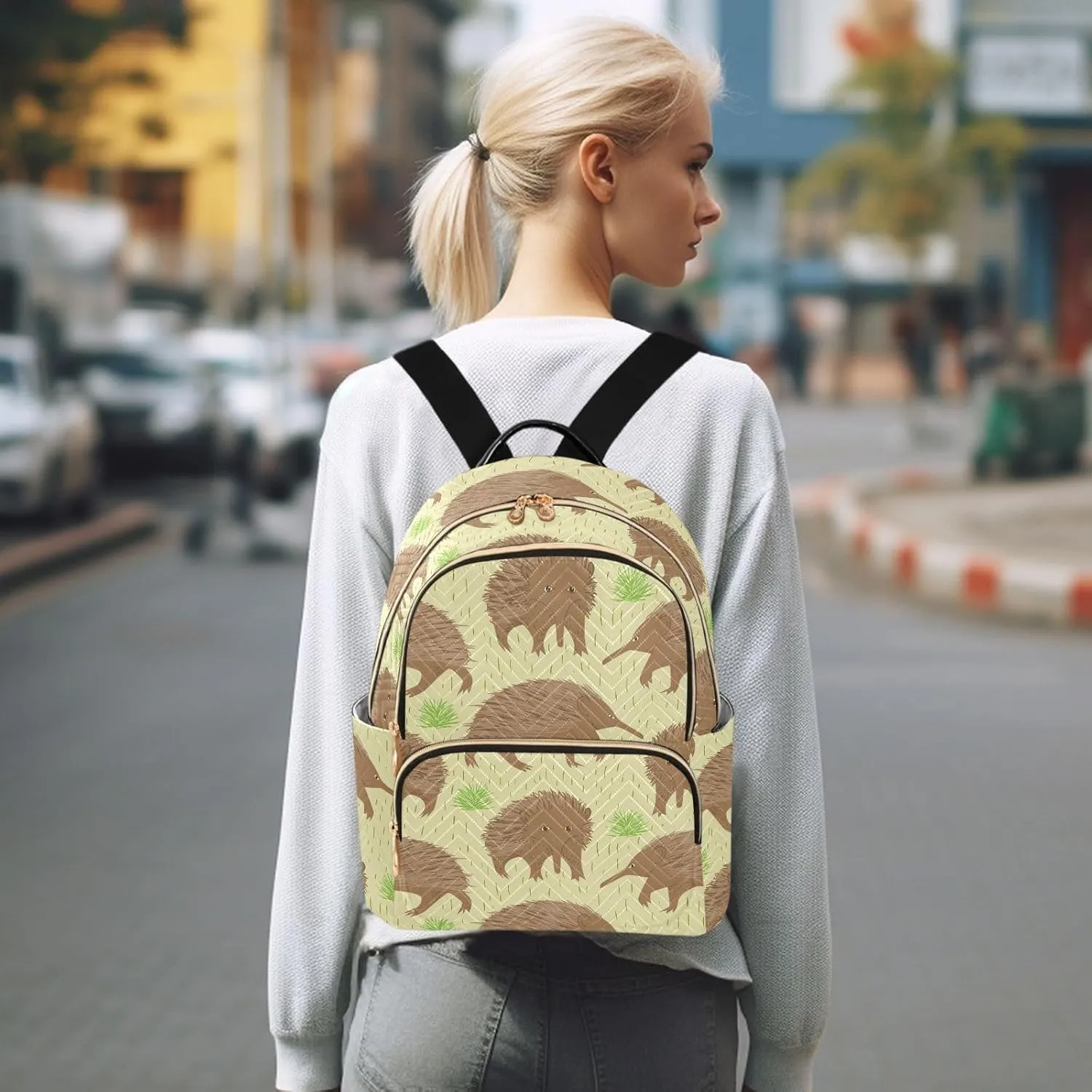 VIGTRO Women Fashion Backpack Quilted Mini Purse Australian Echidna Cartoon, Lightweight Travel Casual Shoulder Backpack with Adjustable Straps Size M