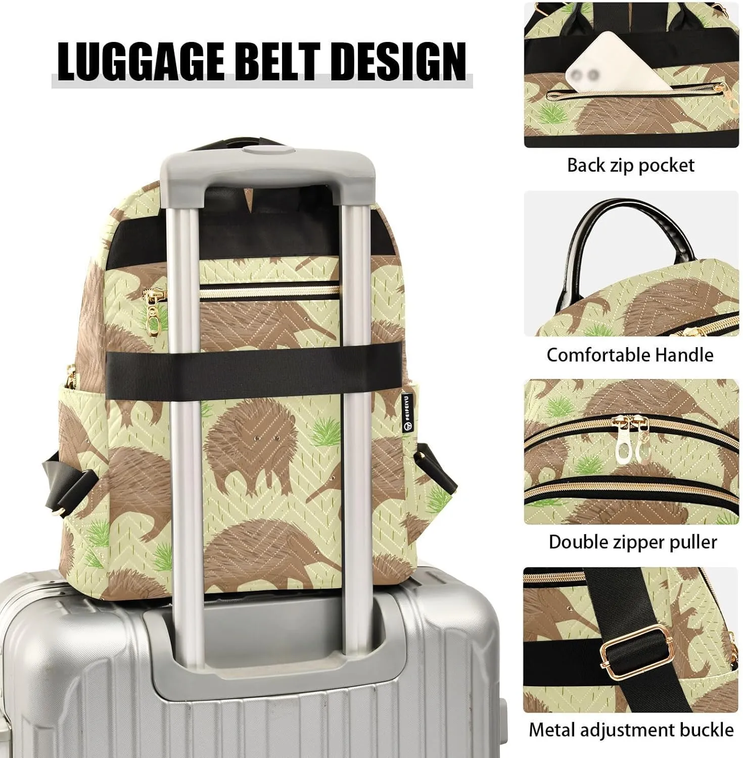 VIGTRO Women Fashion Backpack Quilted Mini Purse Australian Echidna Cartoon, Lightweight Travel Casual Shoulder Backpack with Adjustable Straps Size M