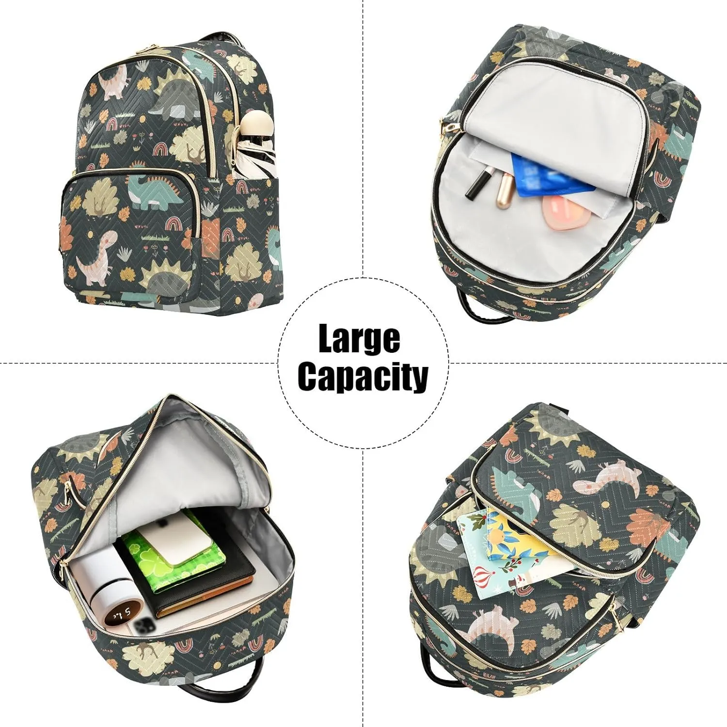VIGTRO Women Fashion Backpack Quilted Mini Purse Cartoon Dinosaurs Rainbows Plants, Lightweight Travel Casual Shoulder Backpack with Adjustable Straps Size S