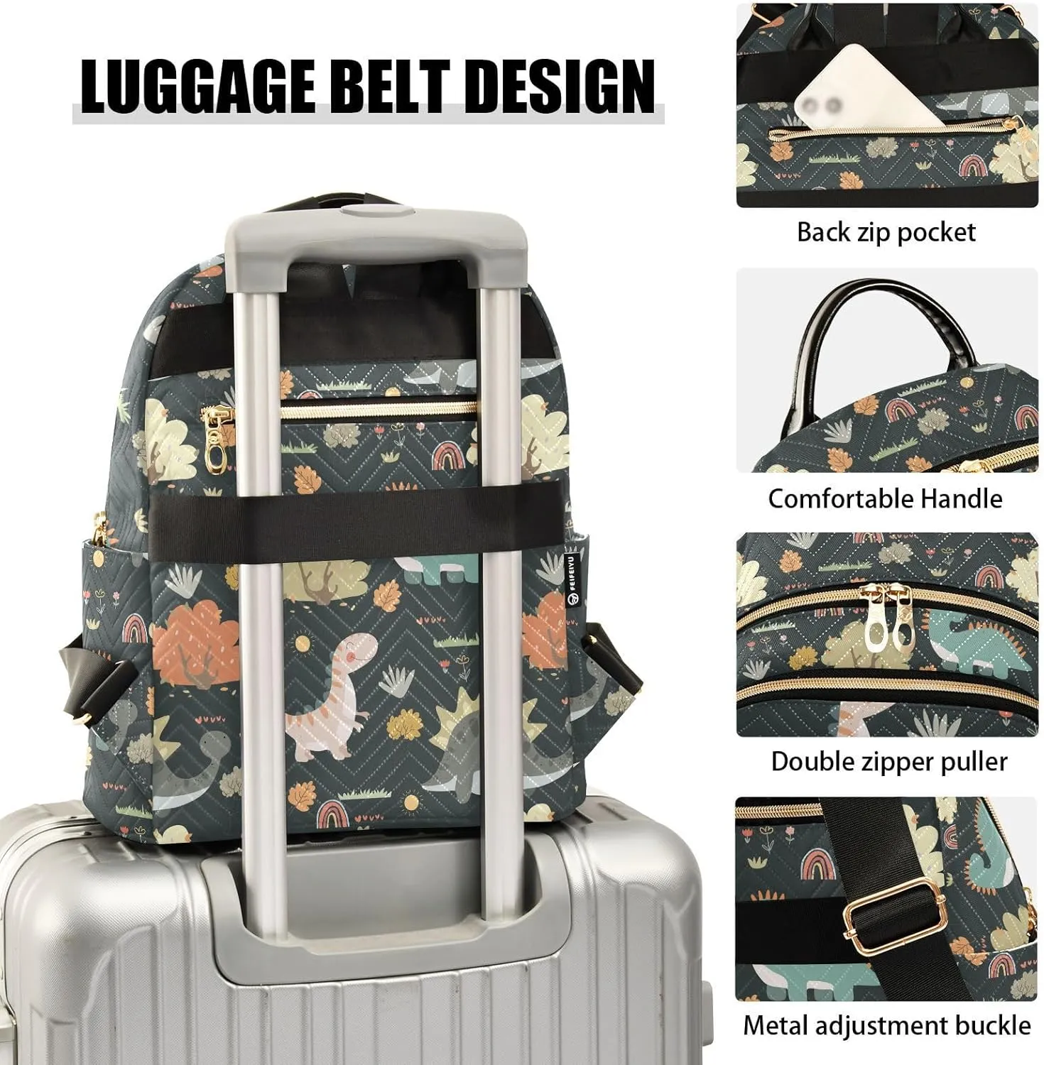 VIGTRO Women Fashion Backpack Quilted Mini Purse Cartoon Dinosaurs Rainbows Plants, Lightweight Travel Casual Shoulder Backpack with Adjustable Straps Size S