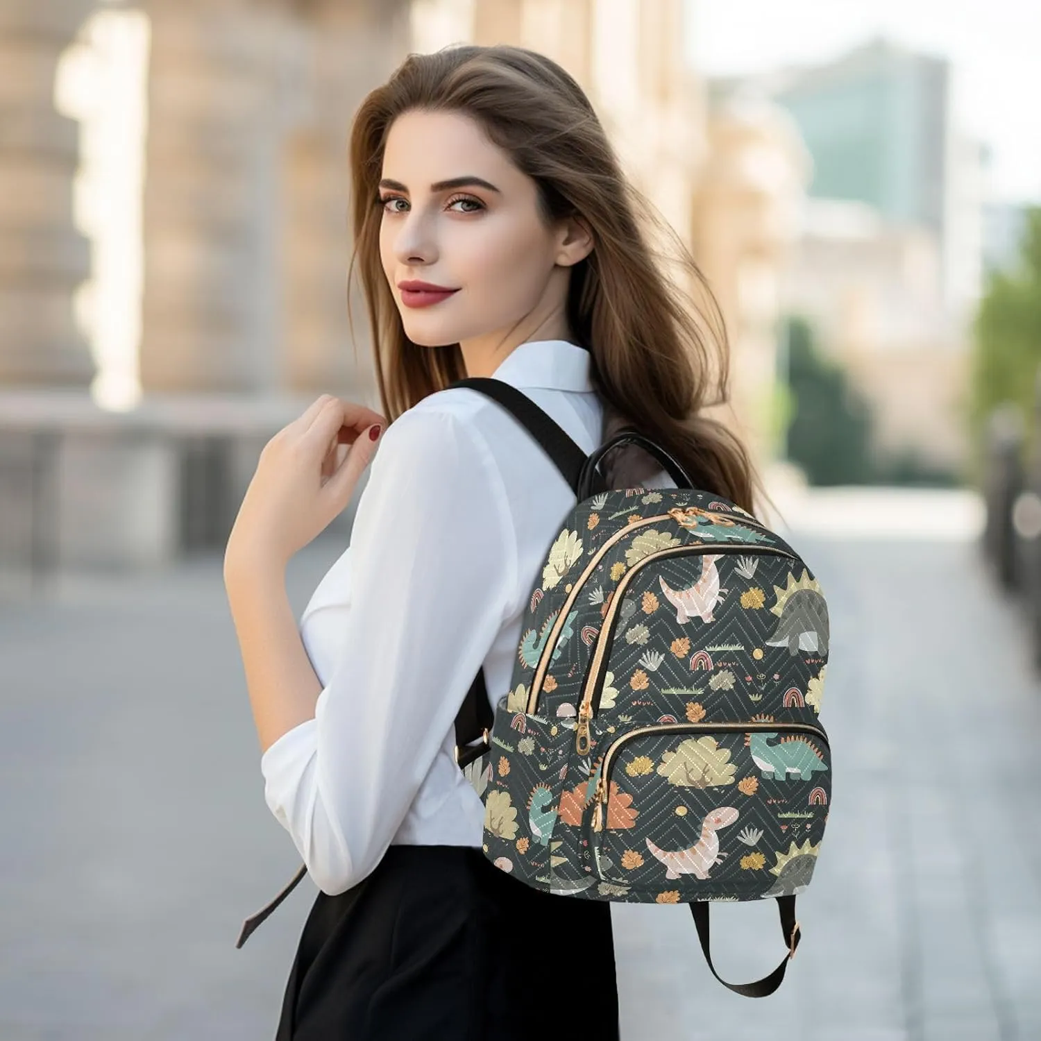 VIGTRO Women Fashion Backpack Quilted Mini Purse Cartoon Dinosaurs Rainbows Plants, Lightweight Travel Casual Shoulder Backpack with Adjustable Straps Size S
