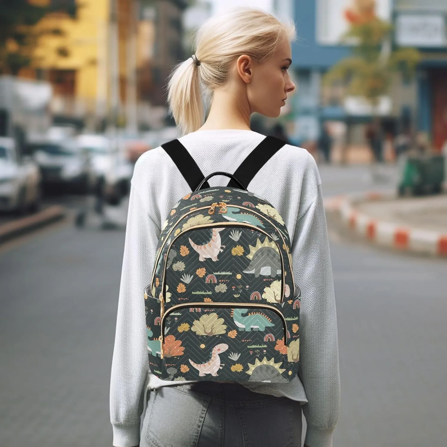 VIGTRO Women Fashion Backpack Quilted Mini Purse Cartoon Dinosaurs Rainbows Plants, Lightweight Travel Casual Shoulder Backpack with Adjustable Straps Size S