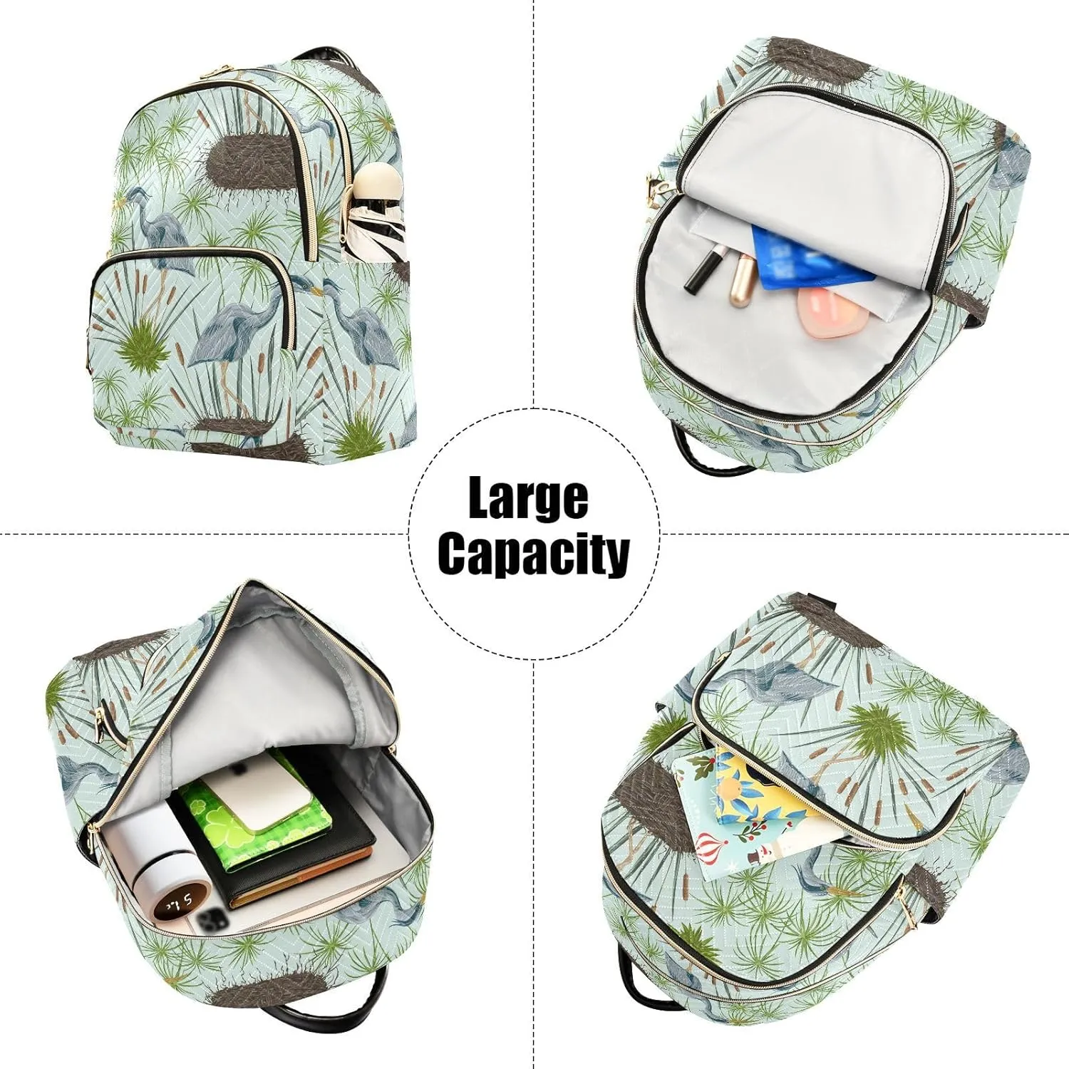 VIGTRO Women Fashion Backpack Quilted Mini Purse Heron Bird Swamp Plants, Lightweight Travel Casual Shoulder Backpack with Adjustable Straps Size M