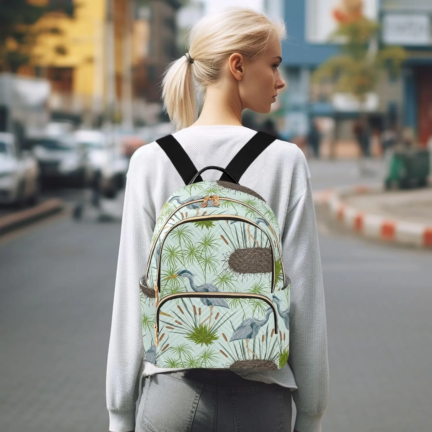 VIGTRO Women Fashion Backpack Quilted Mini Purse Heron Bird Swamp Plants, Lightweight Travel Casual Shoulder Backpack with Adjustable Straps Size M