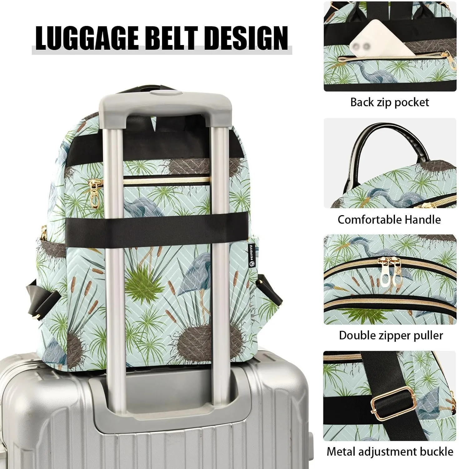 VIGTRO Women Fashion Backpack Quilted Mini Purse Heron Bird Swamp Plants, Lightweight Travel Casual Shoulder Backpack with Adjustable Straps Size M