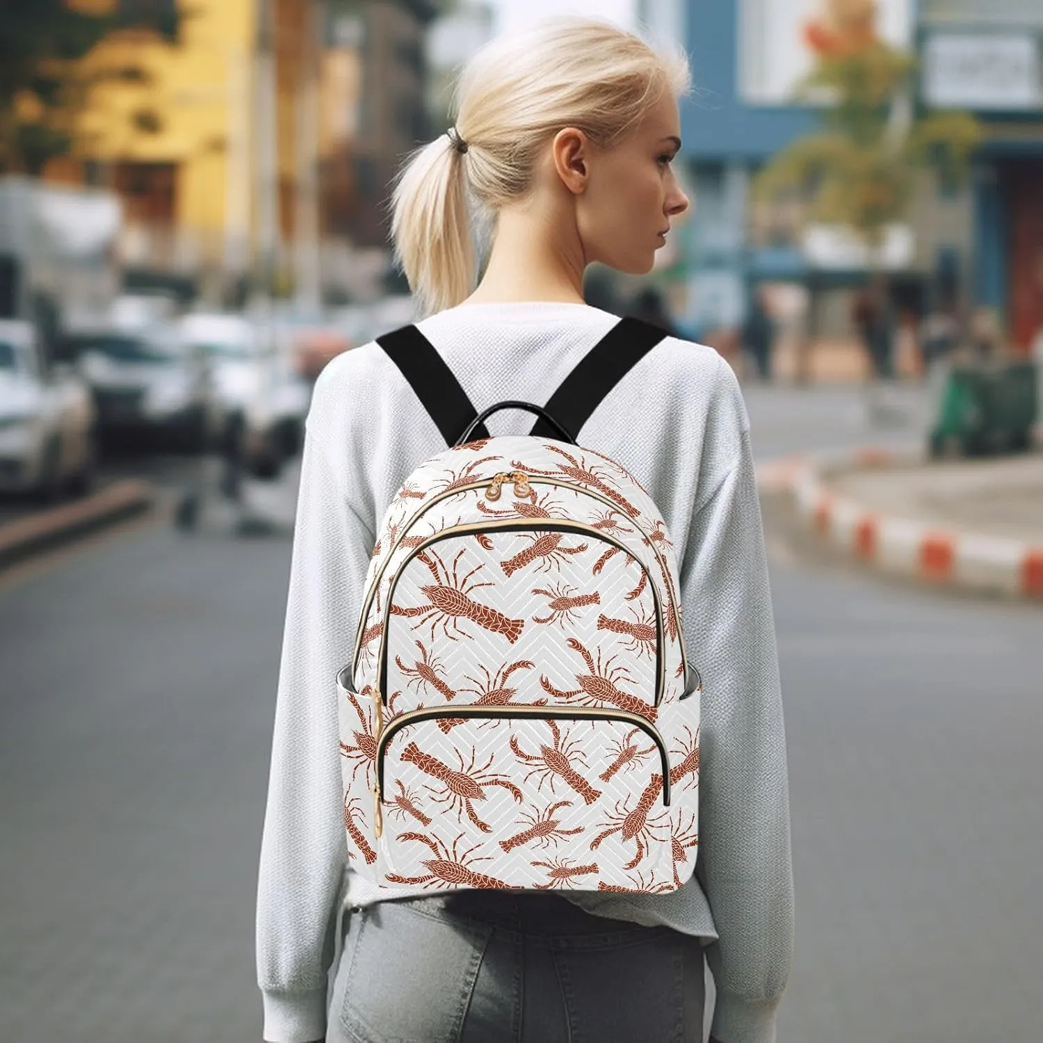 VIGTRO Women Fashion Backpack Quilted Mini Purse Red Crayfish Seamless Pattern, Lightweight Travel Casual Shoulder Backpack with Adjustable Straps Size S