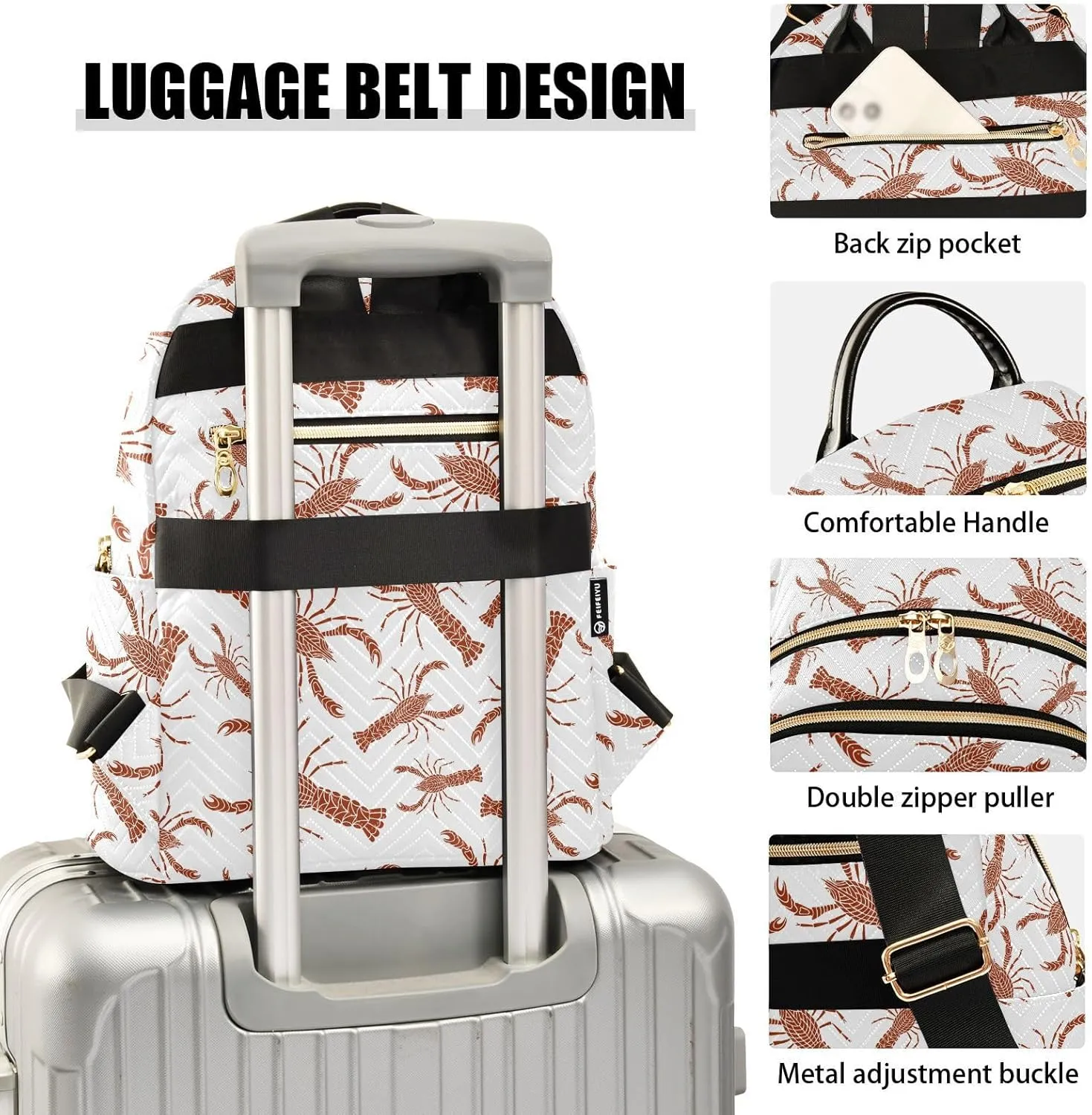 VIGTRO Women Fashion Backpack Quilted Mini Purse Red Crayfish Seamless Pattern, Lightweight Travel Casual Shoulder Backpack with Adjustable Straps Size S