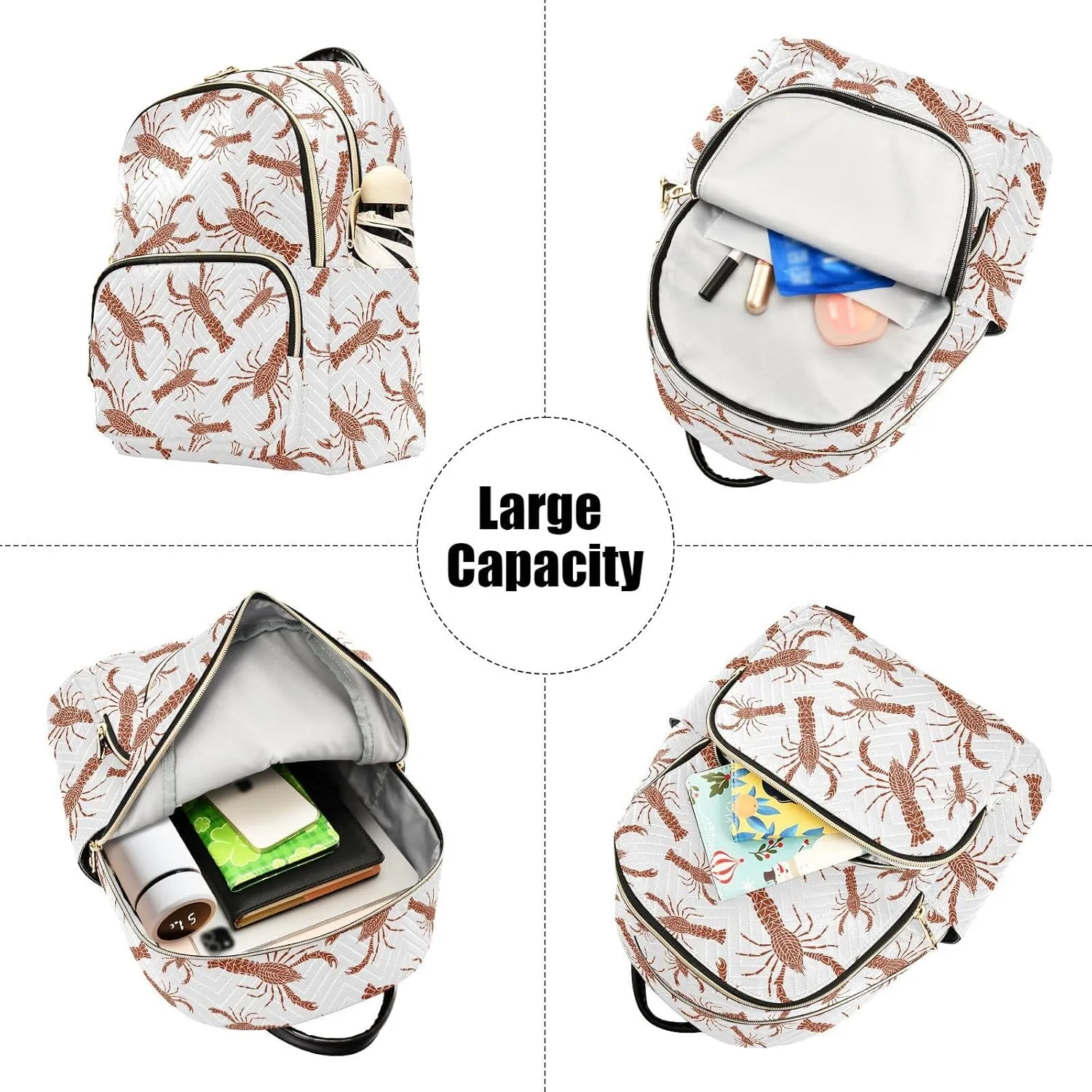 VIGTRO Women Fashion Backpack Quilted Mini Purse Red Crayfish Seamless Pattern, Lightweight Travel Casual Shoulder Backpack with Adjustable Straps Size S