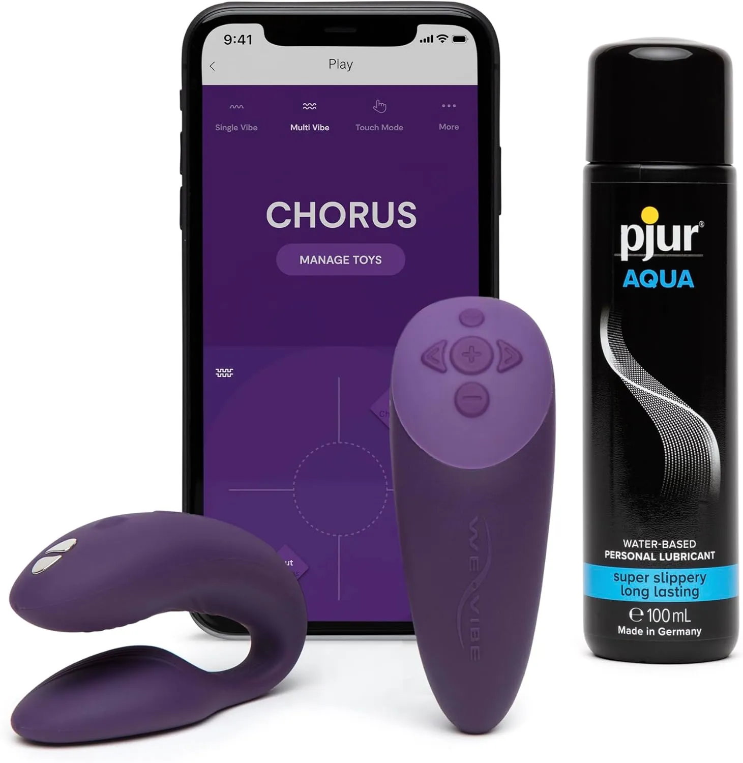 We-Vibe Chorus Remote Control Couples Vibrator Purple Personal Massager & Pjur Aqua Water Based Personal Lubricant 3.4 fl oz - Couples Sex Toys Bundle