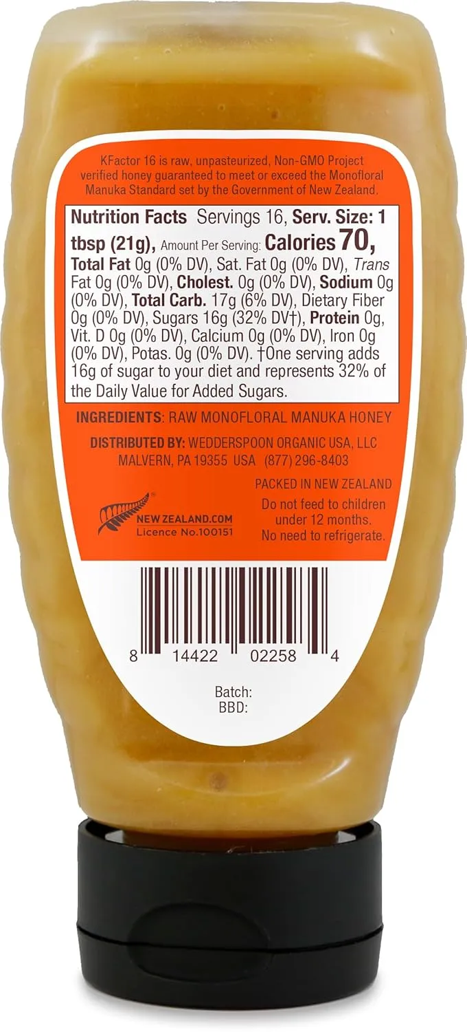 Wedderspoon Raw Premium Manuka Honey, KFactor 16, 12 Oz, Unpasteurized, Genuine New Zealand Honey, Multi-Functional, Non-GMO Superfood, Traceable from Our Hives to Your Home, Convenient Squeeze Bottle