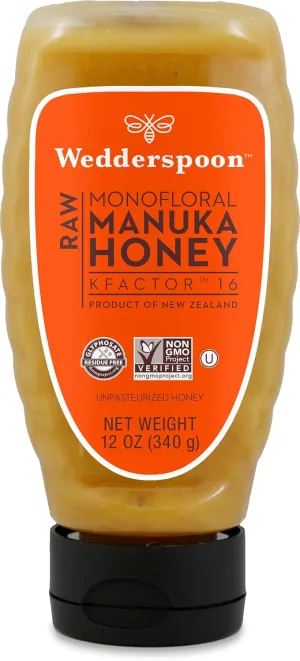 Wedderspoon Raw Premium Manuka Honey, KFactor 16, 12 Oz, Unpasteurized, Genuine New Zealand Honey, Multi-Functional, Non-GMO Superfood, Traceable from Our Hives to Your Home, Convenient Squeeze Bottle
