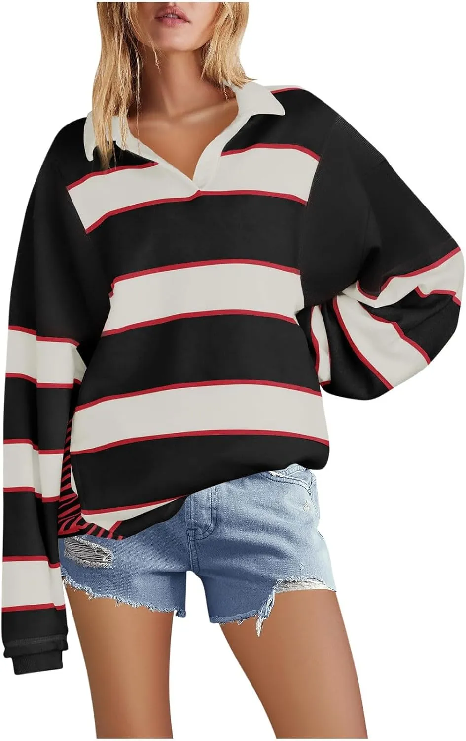 Womens Oversized Striped Swearshirt V Neck Color Block Tops Teen Girls Y2K Clothes Trendy Preppy Outfits Fall Shirts