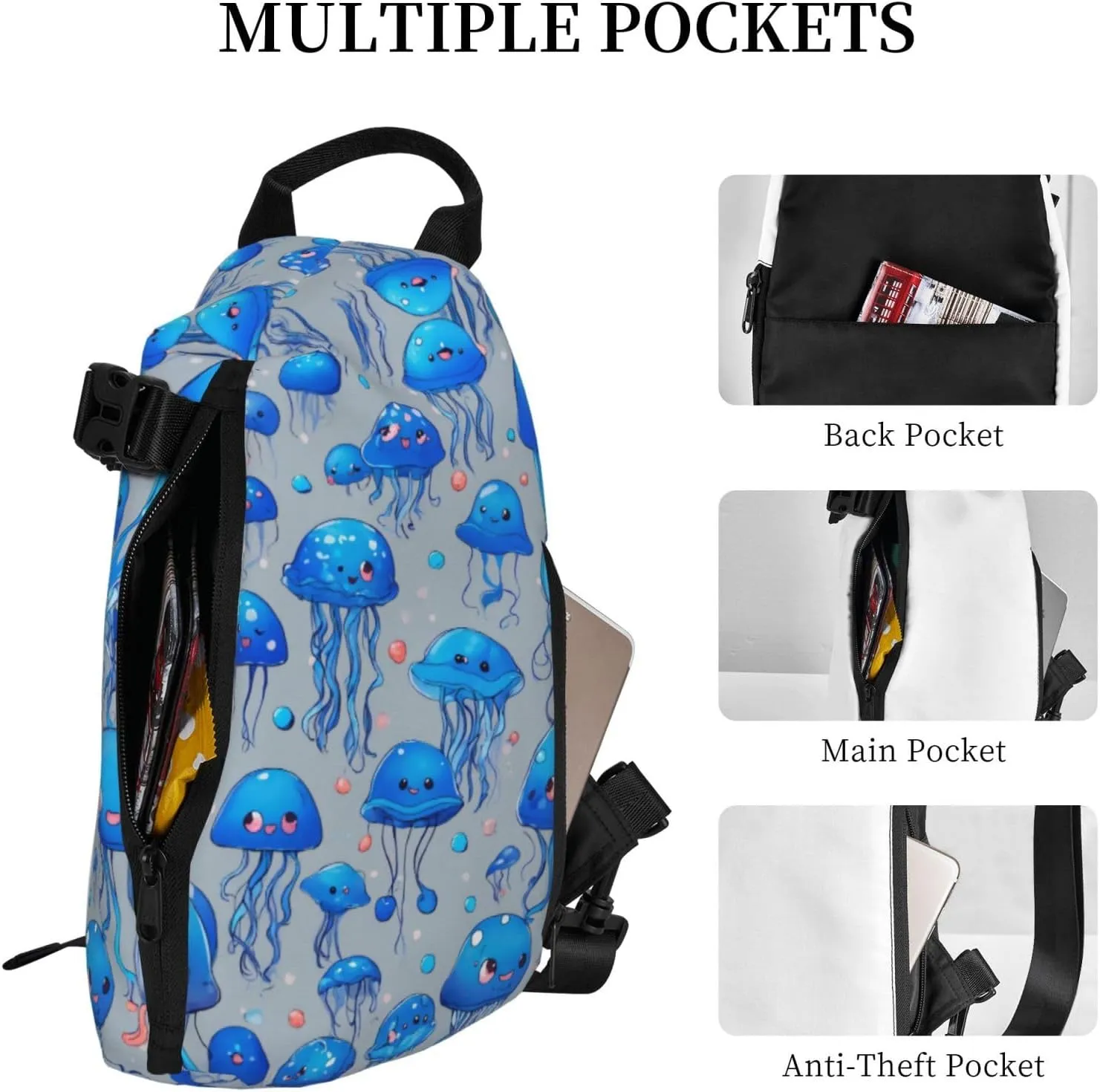WURTON Colorful Jellyfish Print Crossbody Backpack Cross Pack Lightweight Sling Bag Travel, Hiking