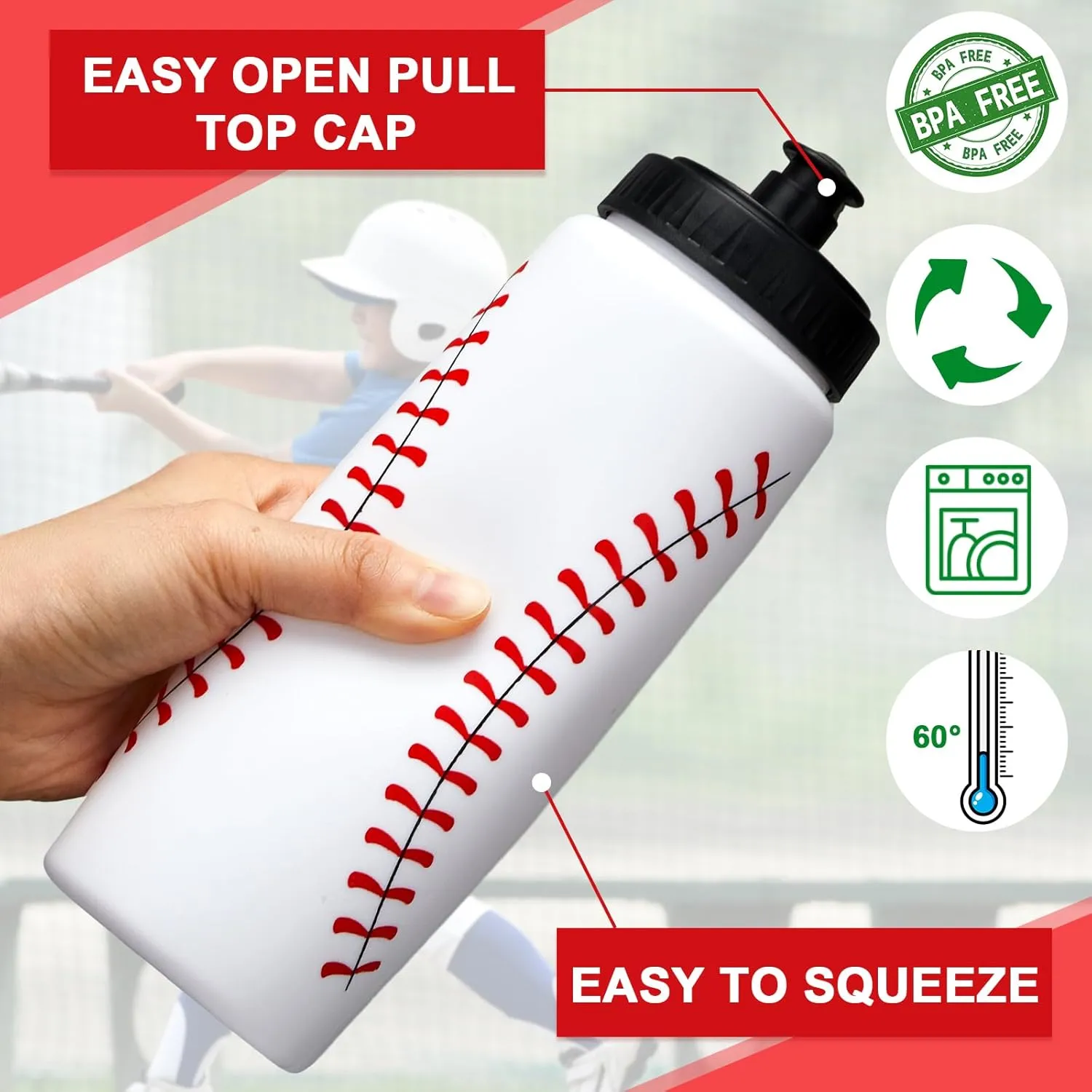 Yaomiao Baseball Water Bottle Bulk Reusable Sports Bottle 20 oz Squeeze Baseball Accessories Gifts School Sports