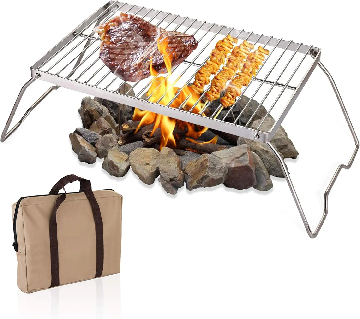 YOPAY Folding Campfire Grill with Legs Carrying Bag, 304 Stainless Steel Grate Barbeque Grill, Heavy Duty Portable Camping Grill for Picnics, Backpacking, Outdoor, 13.6 Inch × 9 Inch × 6.5 Inch