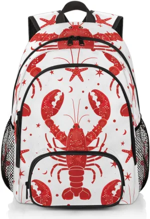 Yzrwebo Red Crayfish Starfish Laptop iPad Tablet Travel Backpack Casual Daypack, Ocean Theme Lightweight Adjustable Shoulder Straps with Multiple Pockets Backpack for Women Men Gifts